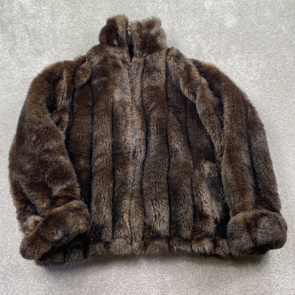 Vintage Faux Fur Bomber Jacket Womens M/L Brown Plush Zip Up Made in USA